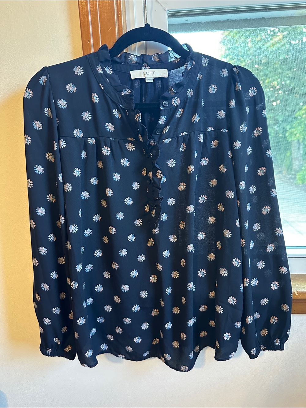 LOFT Navy Floral Ruffle-Trim Button Blouse